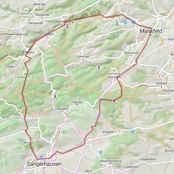 Map miniature of "Sangerhausen Challenge" cycling inspiration in Sachsen-Anhalt, Germany. Generated by Tarmacs.app cycling route planner