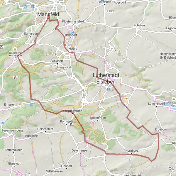 Map miniature of "Mansfeld and Lutherstadt Eisleben Loop" cycling inspiration in Sachsen-Anhalt, Germany. Generated by Tarmacs.app cycling route planner