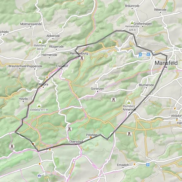 Map miniature of "Road Route to Mansfeld" cycling inspiration in Sachsen-Anhalt, Germany. Generated by Tarmacs.app cycling route planner