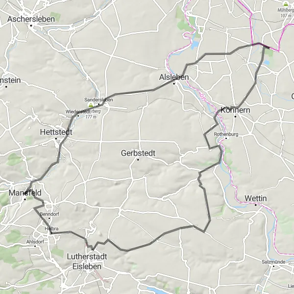 Map miniature of "Road Adventure Through Mansfeld" cycling inspiration in Sachsen-Anhalt, Germany. Generated by Tarmacs.app cycling route planner