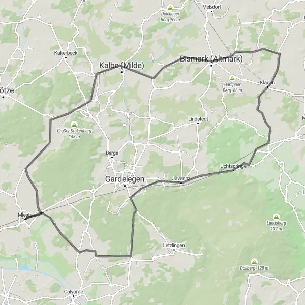 Map miniature of "Sichau - Kalbe (Milde) - Mörtelberg - Grassau - Rinderberg - Hottendorf - Roxförde" cycling inspiration in Sachsen-Anhalt, Germany. Generated by Tarmacs.app cycling route planner