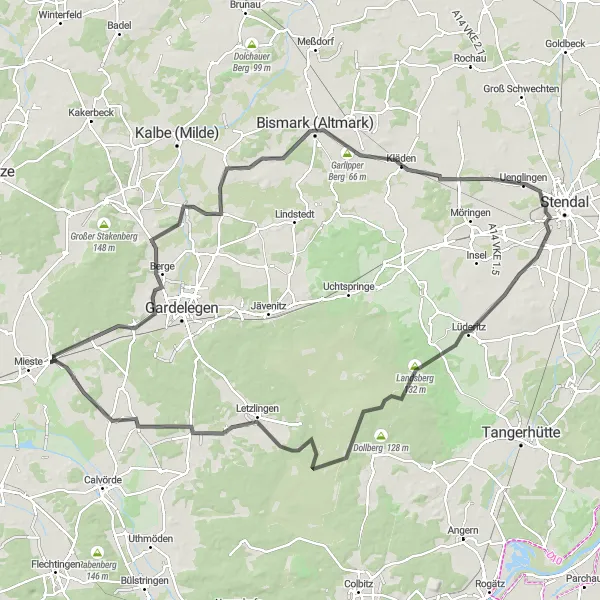 Map miniature of "Solpke - Galgenberg - Mühlberg - Kremkau - Garlipper Berg - Steinfeld (Altmark) - Uenglingen - Uenglinger Berg - Lüderitz - Teekanne - Hoher Hügel - Roxförde - Jeseritz" cycling inspiration in Sachsen-Anhalt, Germany. Generated by Tarmacs.app cycling route planner