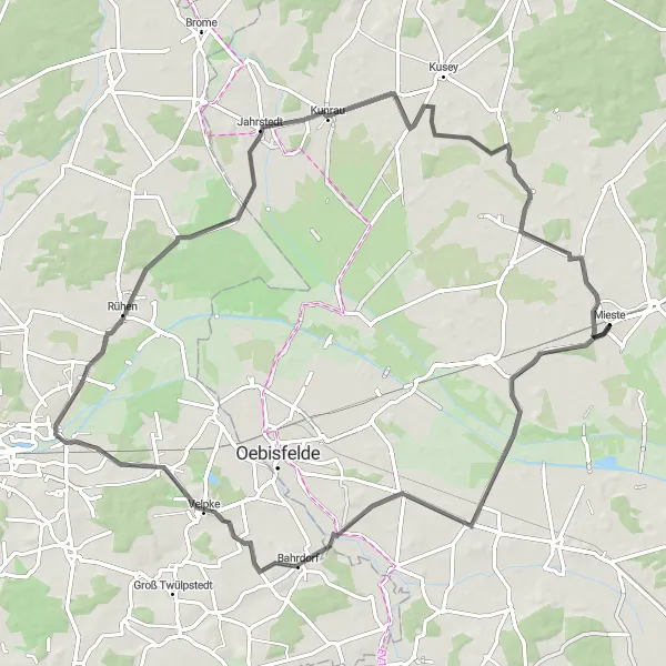 Map miniature of "Miesterhorst - Bahrdorf - Danndorf - Jahrstedt - Röwitz - Peckfitz" cycling inspiration in Sachsen-Anhalt, Germany. Generated by Tarmacs.app cycling route planner