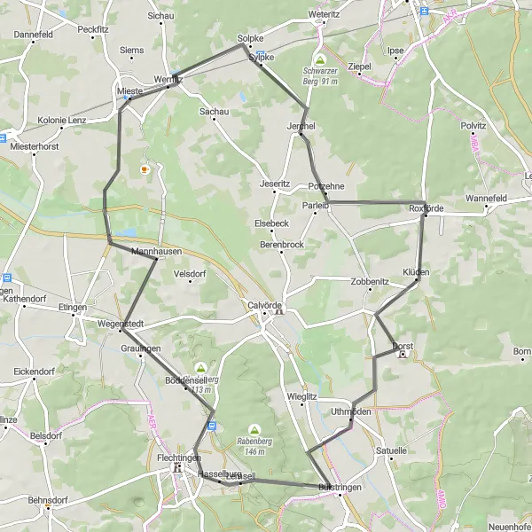 Map miniature of "Solpke - Roxförde - Bülstringen - Jacobsberg - Grauingen - Rosenberg - Kolonie Hopfenhorst" cycling inspiration in Sachsen-Anhalt, Germany. Generated by Tarmacs.app cycling route planner