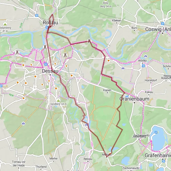 Map miniature of "The Hidden Gems: Möhlau to Wallwitzberg Loop" cycling inspiration in Sachsen-Anhalt, Germany. Generated by Tarmacs.app cycling route planner