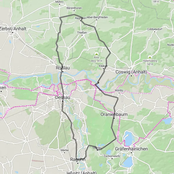 Map miniature of "The Road Explorer: Möhlau to Düben" cycling inspiration in Sachsen-Anhalt, Germany. Generated by Tarmacs.app cycling route planner