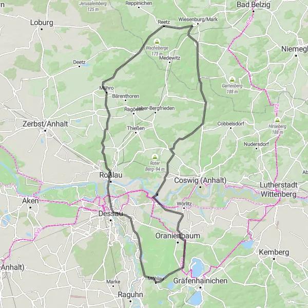 Map miniature of "The Endurance Challenge: Möhlau to Jüdenberg" cycling inspiration in Sachsen-Anhalt, Germany. Generated by Tarmacs.app cycling route planner