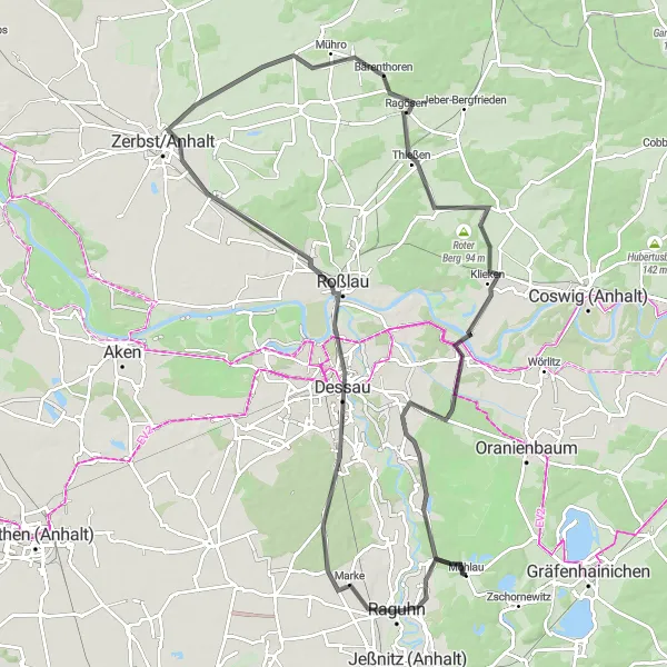 Map miniature of "Möhlau to Mildensee Road Cycling Route" cycling inspiration in Sachsen-Anhalt, Germany. Generated by Tarmacs.app cycling route planner