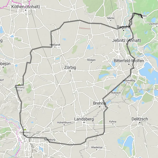 Map miniature of "Irrgarten Loop from Möhlau" cycling inspiration in Sachsen-Anhalt, Germany. Generated by Tarmacs.app cycling route planner