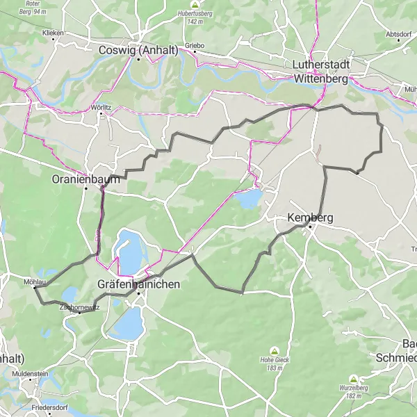 Map miniature of "Möhlau to Zschornewitz via Riesigk" cycling inspiration in Sachsen-Anhalt, Germany. Generated by Tarmacs.app cycling route planner