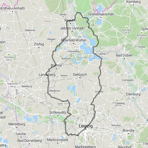 Map miniature of "The Leipzig Adventure" cycling inspiration in Sachsen-Anhalt, Germany. Generated by Tarmacs.app cycling route planner