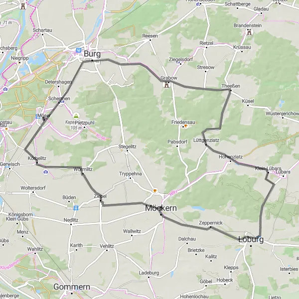 Karten-Miniaturansicht der Radinspiration "Rund um Möser auf der Straße" in Sachsen-Anhalt, Germany. Erstellt vom Tarmacs.app-Routenplaner für Radtouren