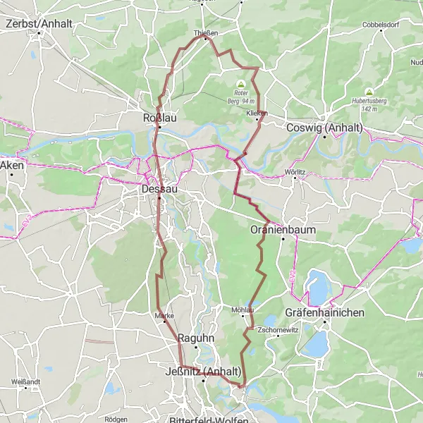 Map miniature of "Muldenstein Gravel Adventure" cycling inspiration in Sachsen-Anhalt, Germany. Generated by Tarmacs.app cycling route planner