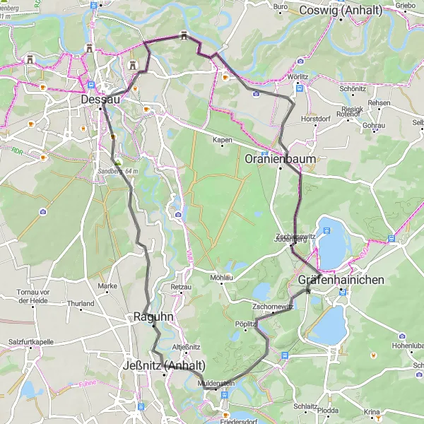 Map miniature of "Muldenstein Road Loop" cycling inspiration in Sachsen-Anhalt, Germany. Generated by Tarmacs.app cycling route planner