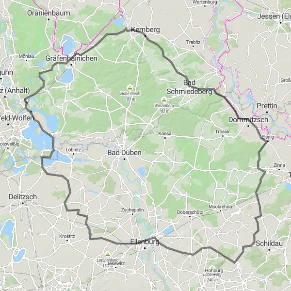 Map miniature of "Muldenstein Extended Road Loop" cycling inspiration in Sachsen-Anhalt, Germany. Generated by Tarmacs.app cycling route planner