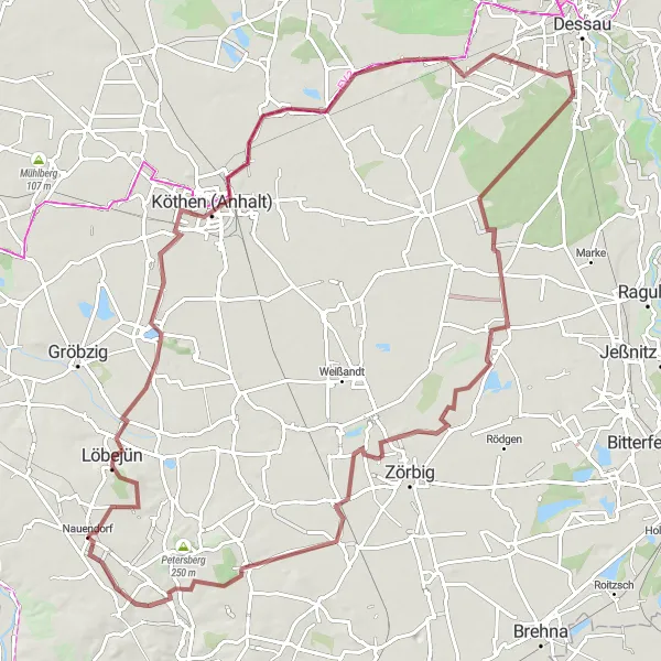 Map miniature of "Challenging Gravel Loop to Köthen and Mosigkau" cycling inspiration in Sachsen-Anhalt, Germany. Generated by Tarmacs.app cycling route planner