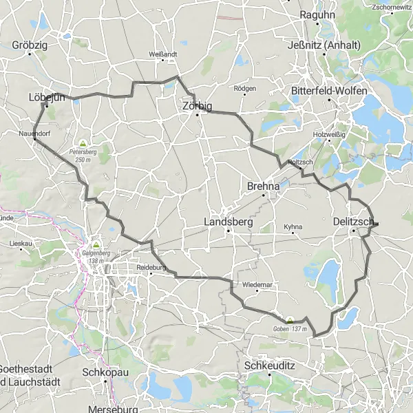 Map miniature of "Löbejün and Beyond" cycling inspiration in Sachsen-Anhalt, Germany. Generated by Tarmacs.app cycling route planner