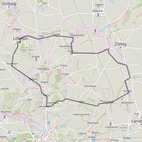 Map miniature of "Löbejün Loop" cycling inspiration in Sachsen-Anhalt, Germany. Generated by Tarmacs.app cycling route planner