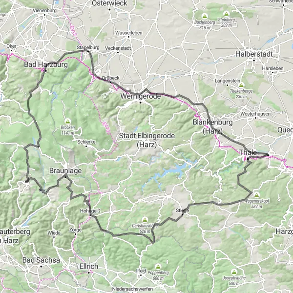 Map miniature of "Challenges of Hexentanzplatz and Matthias-Schmidt-Berg" cycling inspiration in Sachsen-Anhalt, Germany. Generated by Tarmacs.app cycling route planner