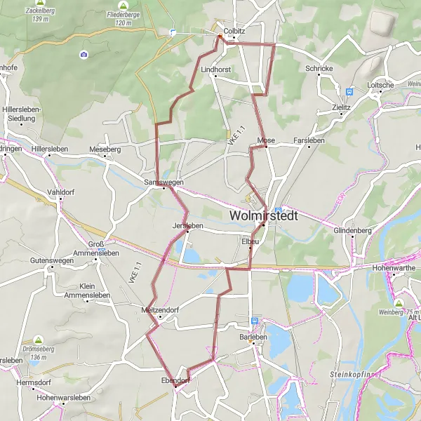 Map miniature of "Wolmirstedt and Colbitz Gravel Loop" cycling inspiration in Sachsen-Anhalt, Germany. Generated by Tarmacs.app cycling route planner