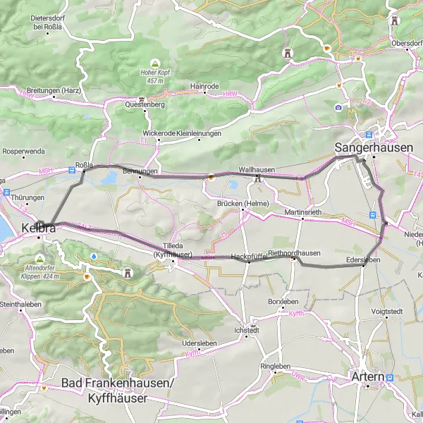 Map miniature of "Riethnordhausen and Roßla Road Loop" cycling inspiration in Sachsen-Anhalt, Germany. Generated by Tarmacs.app cycling route planner