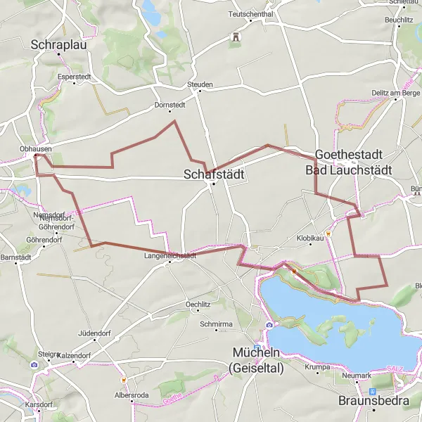 Map miniature of "Saale-Unstrut Gravel Adventure" cycling inspiration in Sachsen-Anhalt, Germany. Generated by Tarmacs.app cycling route planner