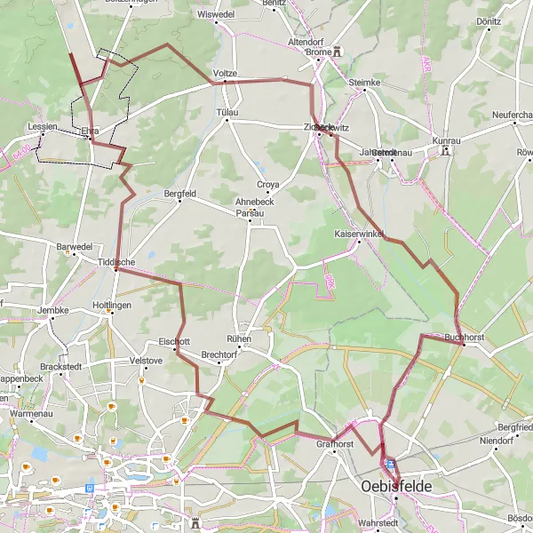 Karten-Miniaturansicht der Radinspiration "Rundfahrt von Oebisfelde durch die Natur" in Sachsen-Anhalt, Germany. Erstellt vom Tarmacs.app-Routenplaner für Radtouren