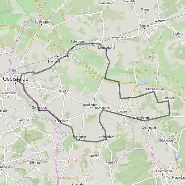 Map miniature of "Oebisfelde Circuit" cycling inspiration in Sachsen-Anhalt, Germany. Generated by Tarmacs.app cycling route planner