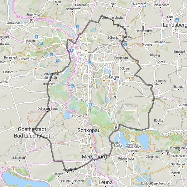 Karten-Miniaturansicht der Radinspiration "Kurze Rundfahrt um Oppin mit Blick auf Bad Lauchstädt" in Sachsen-Anhalt, Germany. Erstellt vom Tarmacs.app-Routenplaner für Radtouren