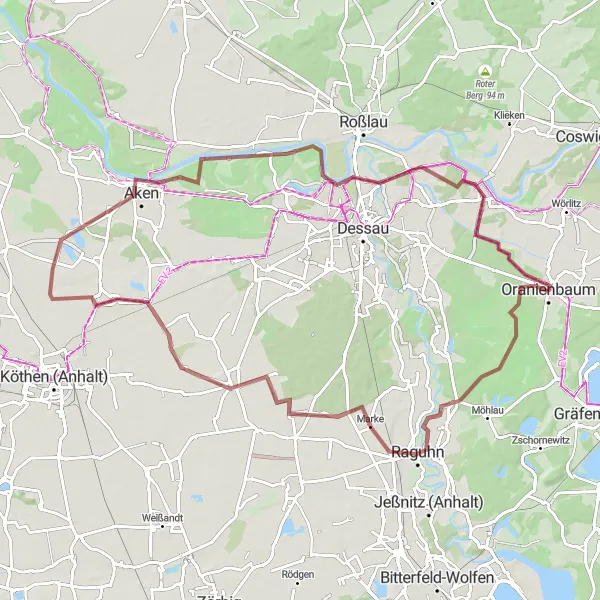 Map miniature of "Oranienbaum Gravel Route" cycling inspiration in Sachsen-Anhalt, Germany. Generated by Tarmacs.app cycling route planner