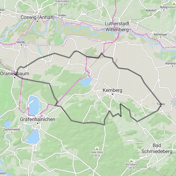 Map miniature of "Oranienbaum Road Route" cycling inspiration in Sachsen-Anhalt, Germany. Generated by Tarmacs.app cycling route planner