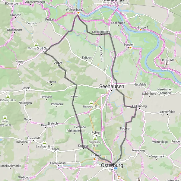 Map miniature of "Osterburg Loop" cycling inspiration in Sachsen-Anhalt, Germany. Generated by Tarmacs.app cycling route planner