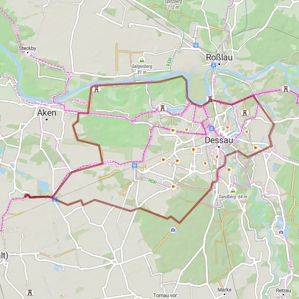 Map miniature of "Cross Country Gravel Adventure to Ziebigk and Elsnigk" cycling inspiration in Sachsen-Anhalt, Germany. Generated by Tarmacs.app cycling route planner