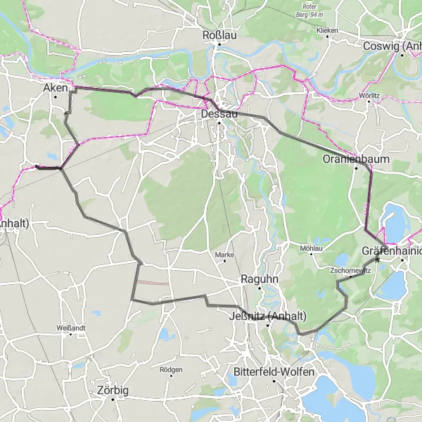 Map miniature of "Road Cycling Adventure to Dessau and Ziebigk" cycling inspiration in Sachsen-Anhalt, Germany. Generated by Tarmacs.app cycling route planner