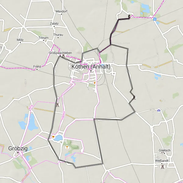 Map miniature of "Scenic Road Cycling Loop to Großbadegast and Pißdorf" cycling inspiration in Sachsen-Anhalt, Germany. Generated by Tarmacs.app cycling route planner