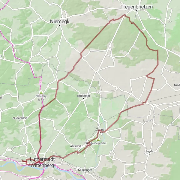 Map miniature of "The Rietz Gravel Adventure" cycling inspiration in Sachsen-Anhalt, Germany. Generated by Tarmacs.app cycling route planner
