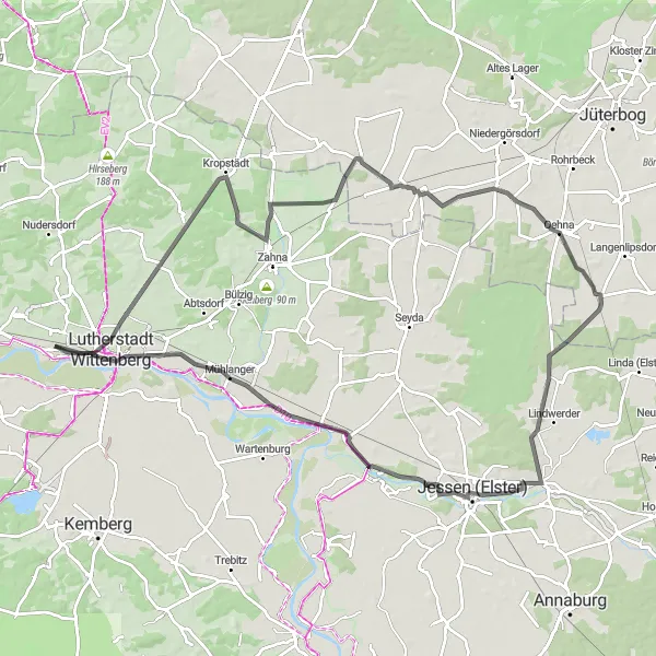 Map miniature of "The Wittenberg Loop" cycling inspiration in Sachsen-Anhalt, Germany. Generated by Tarmacs.app cycling route planner