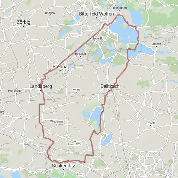 Map miniature of "Gravel Adventure to Pouch" cycling inspiration in Sachsen-Anhalt, Germany. Generated by Tarmacs.app cycling route planner