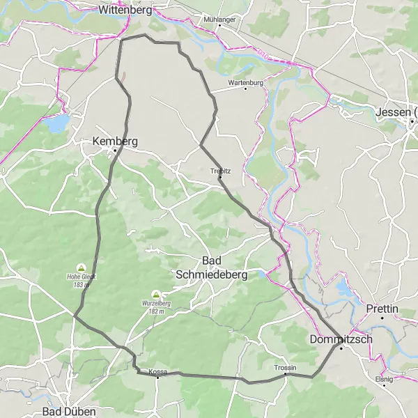 Map miniature of "Pratau to Kemberg Loop" cycling inspiration in Sachsen-Anhalt, Germany. Generated by Tarmacs.app cycling route planner