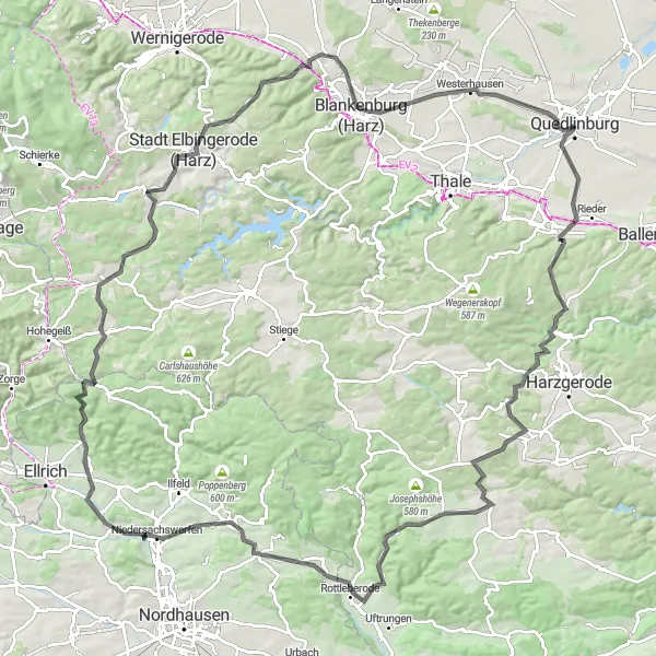 Map miniature of "Quedlinburg Loop" cycling inspiration in Sachsen-Anhalt, Germany. Generated by Tarmacs.app cycling route planner