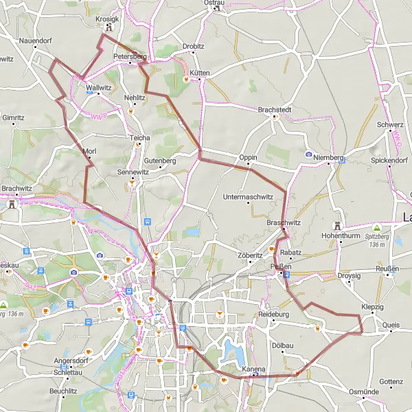 Karten-Miniaturansicht der Radinspiration "Radtour zu Bismarckturm Halle und Stichelsdorf" in Sachsen-Anhalt, Germany. Erstellt vom Tarmacs.app-Routenplaner für Radtouren