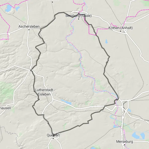 Map miniature of "Querfurt Road Adventure" cycling inspiration in Sachsen-Anhalt, Germany. Generated by Tarmacs.app cycling route planner