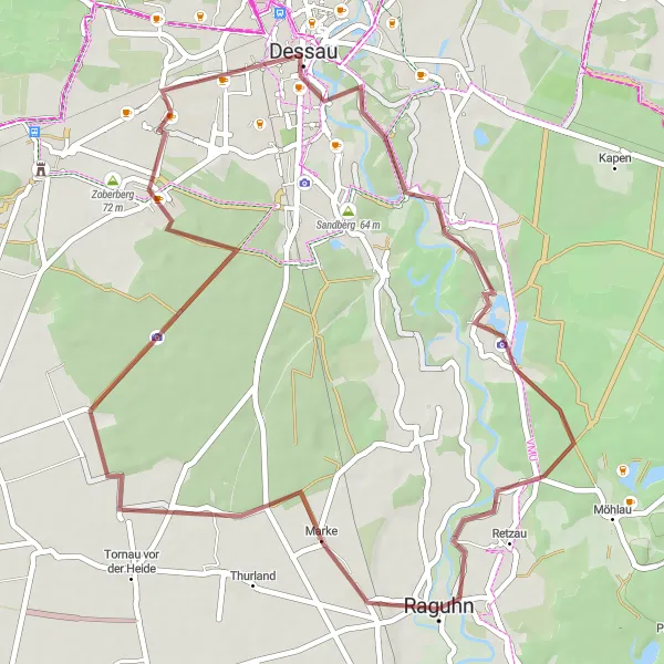 Map miniature of "Gravel Adventure: Raguhn to Dessau" cycling inspiration in Sachsen-Anhalt, Germany. Generated by Tarmacs.app cycling route planner