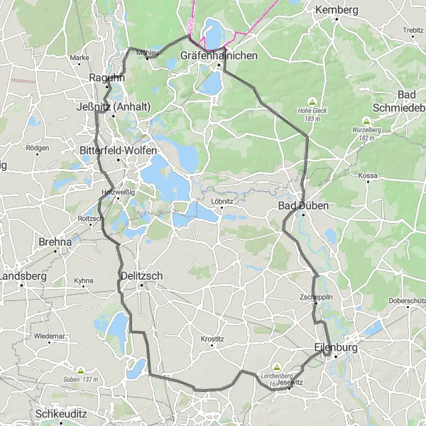 Map miniature of "The Long Road Ahead" cycling inspiration in Sachsen-Anhalt, Germany. Generated by Tarmacs.app cycling route planner