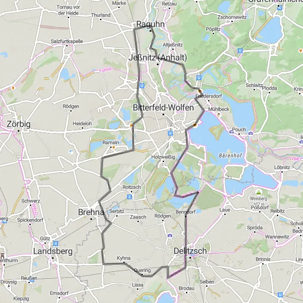 Map miniature of "Capture the Spirit of Bitterfeld: Road Cycling Route" cycling inspiration in Sachsen-Anhalt, Germany. Generated by Tarmacs.app cycling route planner