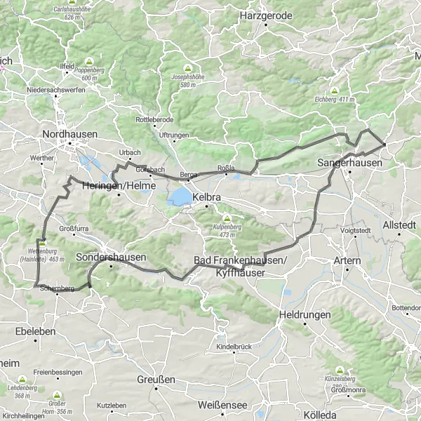 Map miniature of "The Road to Kyffhäuser" cycling inspiration in Sachsen-Anhalt, Germany. Generated by Tarmacs.app cycling route planner