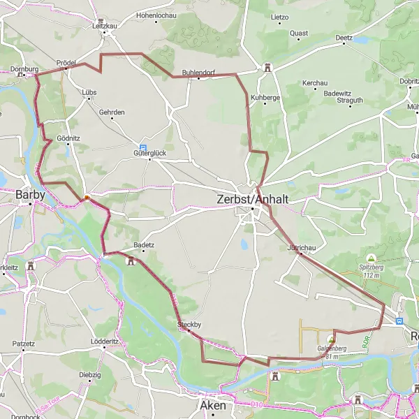 Map miniature of "Rodleben to Zerbst/Anhalt Scenic Gravel Route" cycling inspiration in Sachsen-Anhalt, Germany. Generated by Tarmacs.app cycling route planner