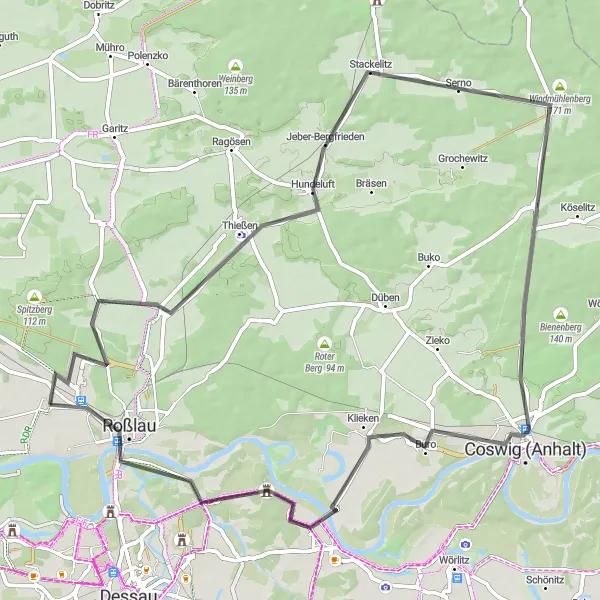 Karten-Miniaturansicht der Radinspiration "Entdeckungstour durch Coswig (Anhalt)" in Sachsen-Anhalt, Germany. Erstellt vom Tarmacs.app-Routenplaner für Radtouren