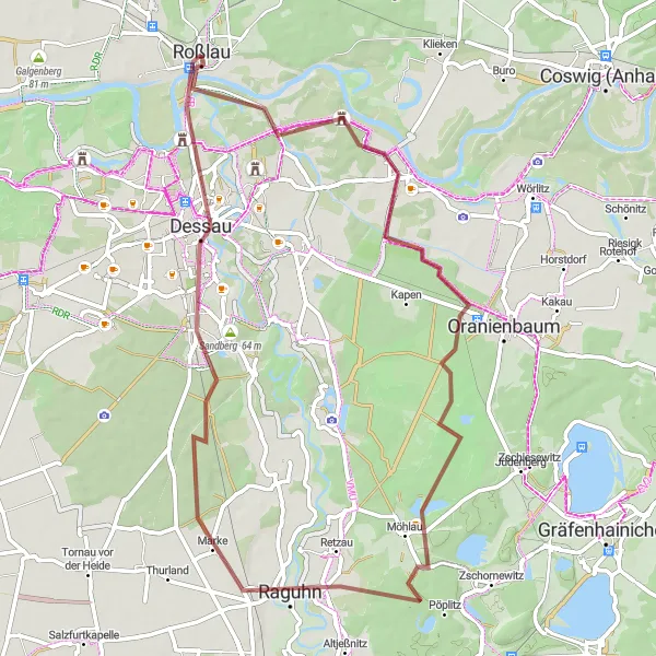 Map miniature of "Vockerode to Roßlau Gravel Adventure" cycling inspiration in Sachsen-Anhalt, Germany. Generated by Tarmacs.app cycling route planner