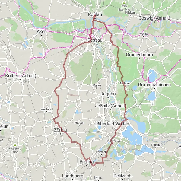 Map miniature of "Roßlau to Irrgarten Schloss Mosigkau Gravel Loop" cycling inspiration in Sachsen-Anhalt, Germany. Generated by Tarmacs.app cycling route planner